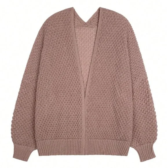 Khaki Casual Women's Dropped Shoulder Long Sleeve Hollow Out Loose Cardigan - Picture 4 of 7